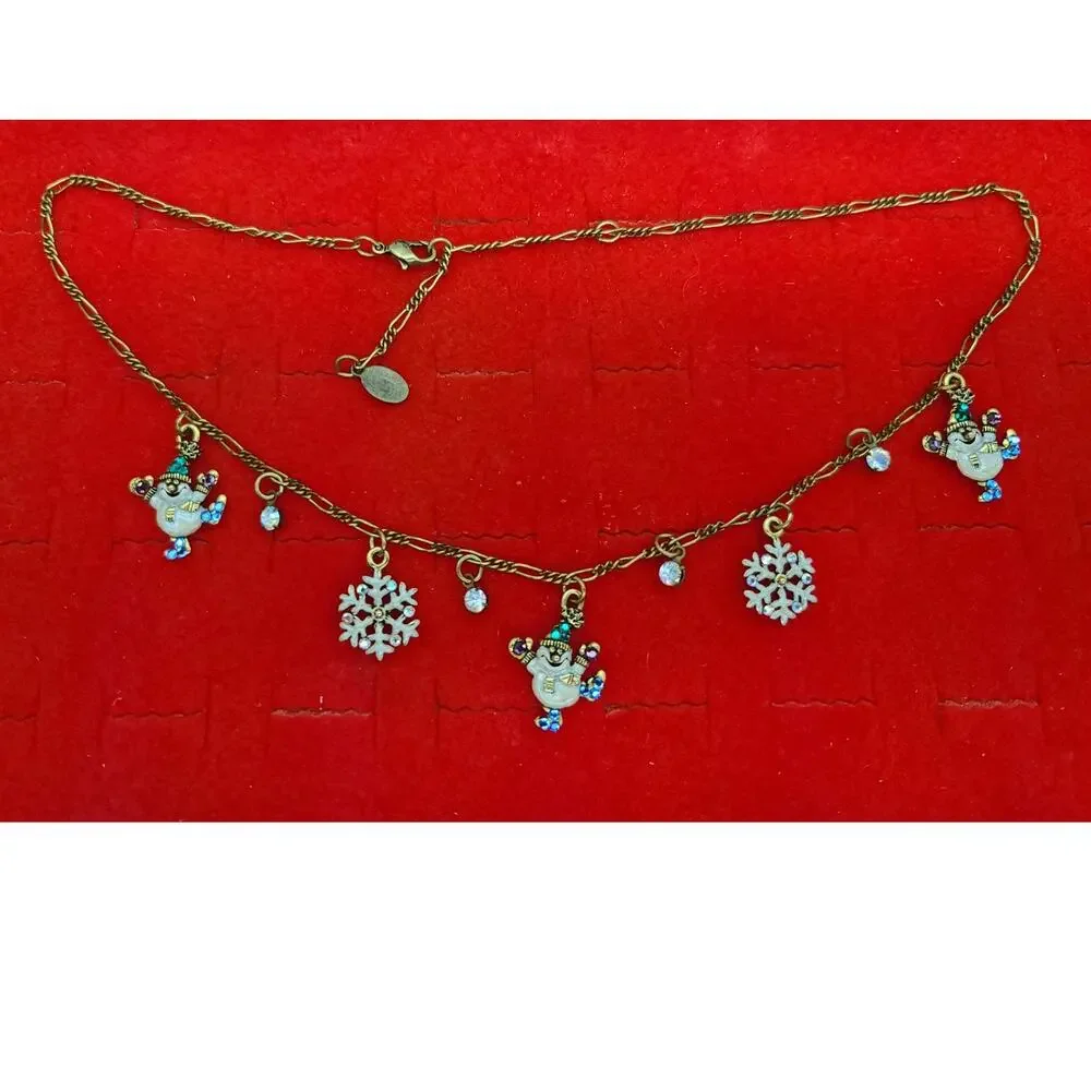Vintage Anne Koplik Snowman & Snowflake Charm Necklace Antique Gold Tone Chain - Picture 2 of 6